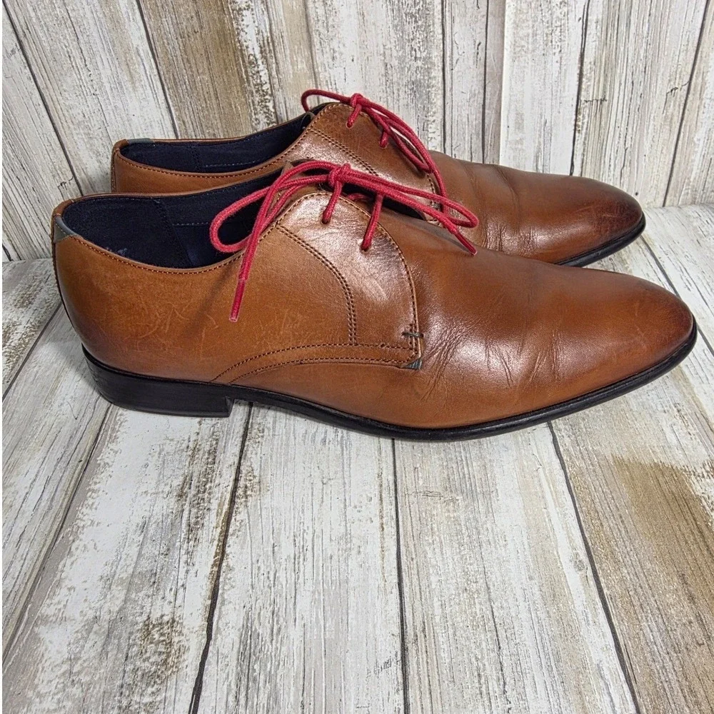 Ted Baker Sumpsa Tan Leather Derby Dress Shoes Red Laces Mens US 8 UK 7 EU 41
